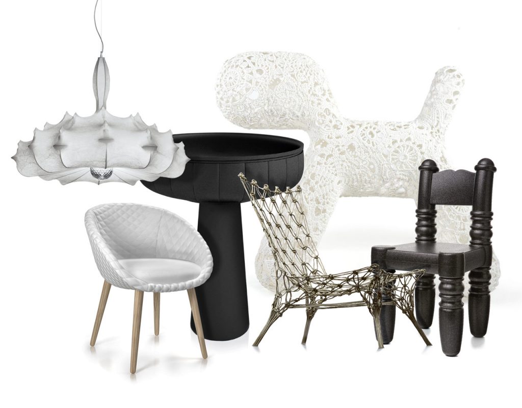 Zeppelin lampada, Flos 2005 Love sedia, Moooi 2013 Container Bowl, Moooi 2006 Knotted Chair, Droog 1996 Crochet Collection, Moooi 2015 Parent Chair, Moooi 2009